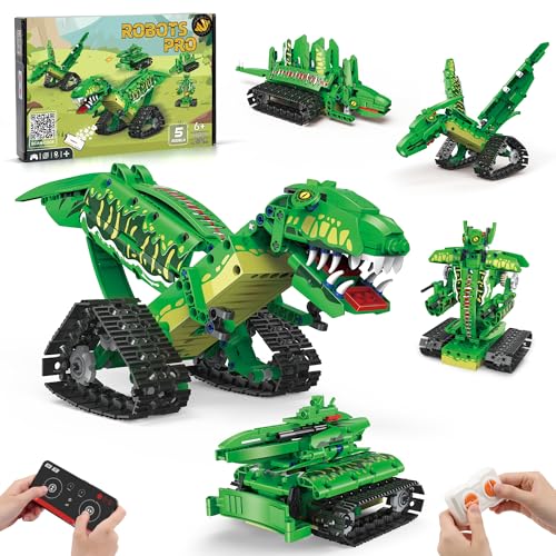 AKWME 5 IN 1 Technik Roboter Dinosaurier Baukasten Spielzeug mit APP & 2.4 GHz Fernbedienung, DIY Dinosaurier STEM Spielzeug Programmierbare Geburtstags Geschenke für Kinder Jungen ab 6-12 Jahre