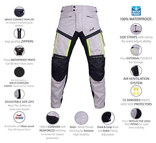 Hwk Motorcycle Pants Cargo Pants Work Pants For Men Dirt Bike Adventure Dualsport Racing Riding Rain Waterproof Pant Hi-Vis 4-Season Armored All-Purpose (Waist40''-42' Inseam34'') Silver #TOP1