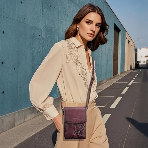 Image of Small Crossbody Bags for Women Trendy Vegan Leather Cell Phone Bag Embossed Flower Design Wallet Purses with Strap