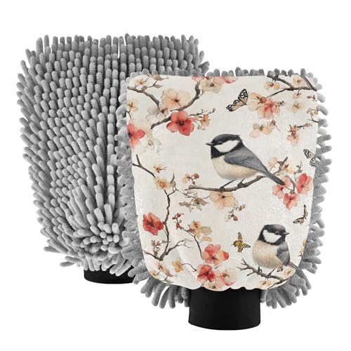 Aesthetic Black-Capped Chickadee Birds Wash Mitten for Cars 11.8'' Car Washing Gloves Scratch-Free Cleaning Mitten for Auto Cleaning