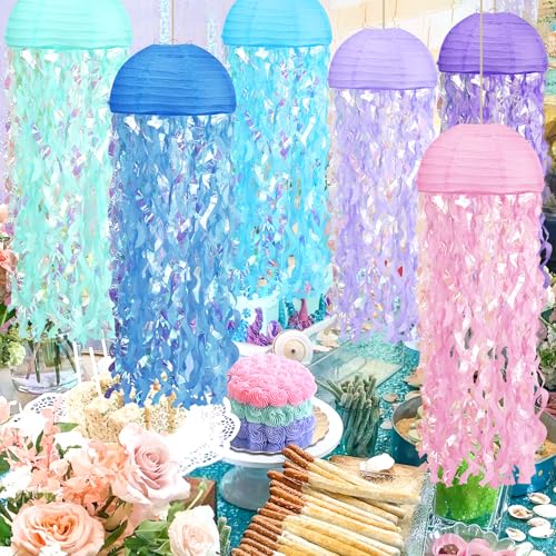 Image of Jelly Fish Paper Lanterns 6pcs Pink Purple Blue Paper Lanterns for Mermaid Theme Party Under The Sea Ocean Birthday Party Baby Shower Indoor Outdoor Party Decorations
