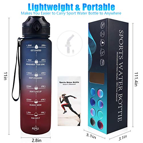 Lunidry Water Bottle with Straw & Time Marker, 32oz Motivational Water Jug BPA-Free Leakproof, to Ensure You Drink Enough Water for Outdoor, Sports, Fitness, Lockable Pop Open Lid (Navy Blue/ Red Gradient)