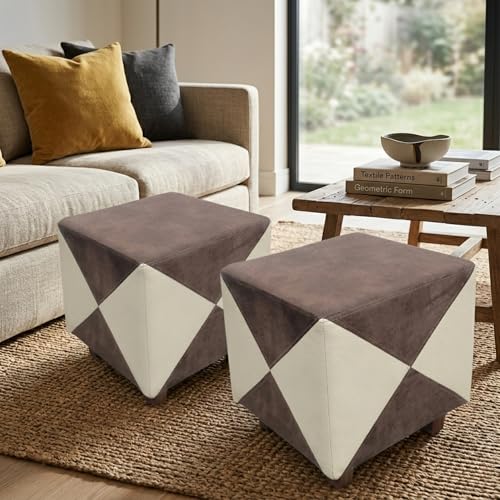 Image of APRODZ Printed Ottoman Stool Upholstered Foam Cushioned Pouffes for Living Room | Puffy Muddha Stool for Footrest & Sitting, Velvet Pouf Stool, Furniture for Home Decor, Office Set of 2(Beige /Brown)