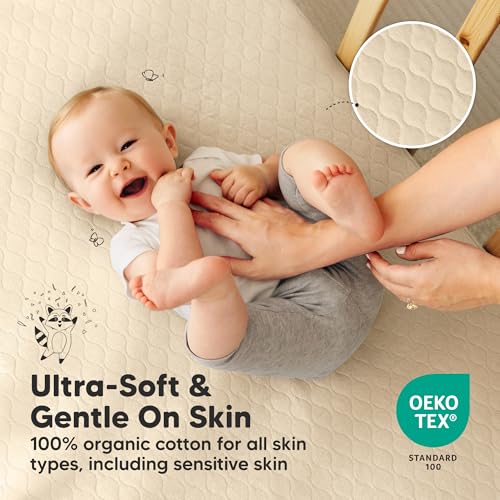 Image of 2-Pack Waterproof Crib Mattress Protector Cover Fitted - Quiet Baby Crib Mattress Pad Sheets, 52 inch x 28 inch Soft Quilted Cotton Baby Sheet, Machine Washable, Easy Fit, Durable (Khaki /Mavy)