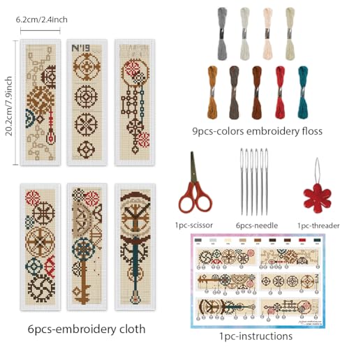 Image of INFUNLY 6Pcs Machine Element Cross Stitch Bookmark Kits for Adults DIY Vintage Gears Embroidery Bookmark Kits with Instruction Industrial Corners Counted Cross Stitch Kit for Book Lovers Readers Gifts