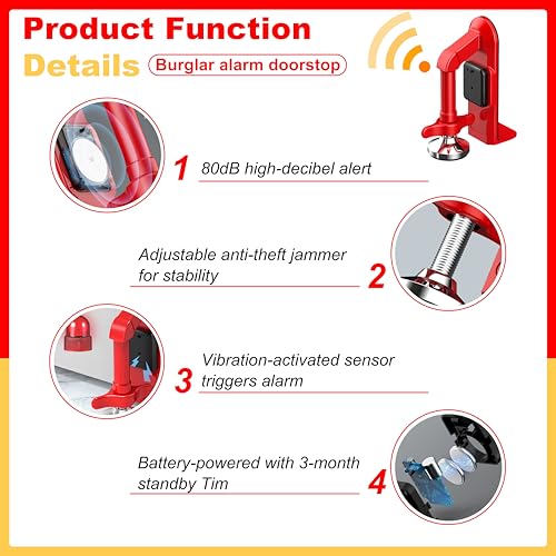 Portable Alarm Door Stopper - 80dB Anti-Theft Security Alarm Door Stoppers for Bottom of Door, Adjustable and Easy to Install for Home, Office, and Travel, Door Security Devices (Red) - Image 5