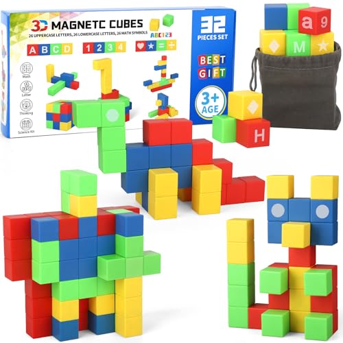 Image of Dilabnba 32PCS Magnetic Building Blocks for Kids Toddlers, 3D Magnet Cube Montessori Toy, Sensory Preschool Creative STEM Montessori Toy
