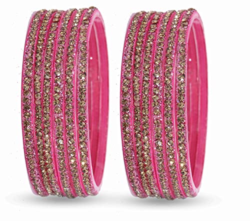 Image of NMII Glass with Zircon Gemstone and Beads Studdded Glossy Finished Traditional Bangle Set For Women and Girls