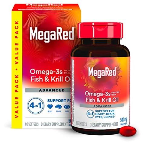 Megared Omega-3 Fish Oil + High Absorption Krill Oil 500mg Softgels, MegaRed Advanced 4in1 (80 count in a bottle) Concentrated Omega-3 Fish & Krill Oil Supplement Cover