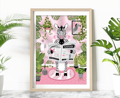 Parmaro Zebra on Toilet, A4 UNFRAMED Print, Animal on Toilet, Pink Botanical Print for Tropical Bathroom Decor - Image 4
