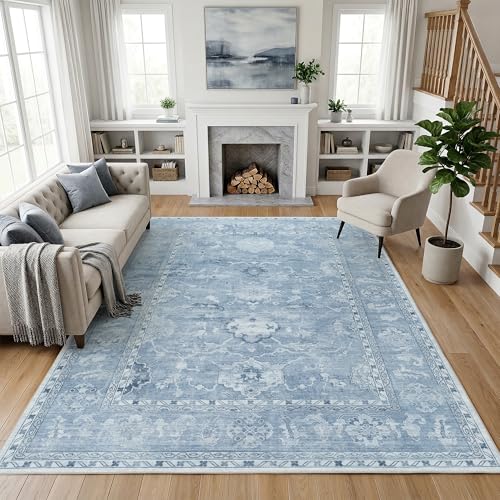 Washable Rugs 6x9 Blue Area Rugs for Living Room,Rug for Bedroom, Vintage Distressed Non-Slip, Ultra Soft Faux Wool Carpet for Dining Room for Home Office Décor