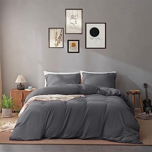Yorkshire Bedding King Size Duvet Cover Sets Soft Breathable Brushed Microfibre Plain Duvet Cover with Pillow cases Button Closure Quilt Cover Bed Set Grey - Image 2