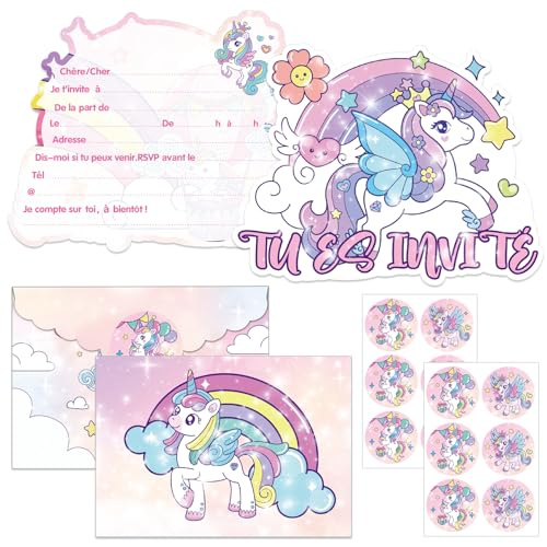 SHOWHEEL Carte Invitation Anniversaire Fille 12 Pièces, Carte Anniversaire Licorne avec Enveloppes et Autocollants Licorne, Invitation Anniversaire Fille,...