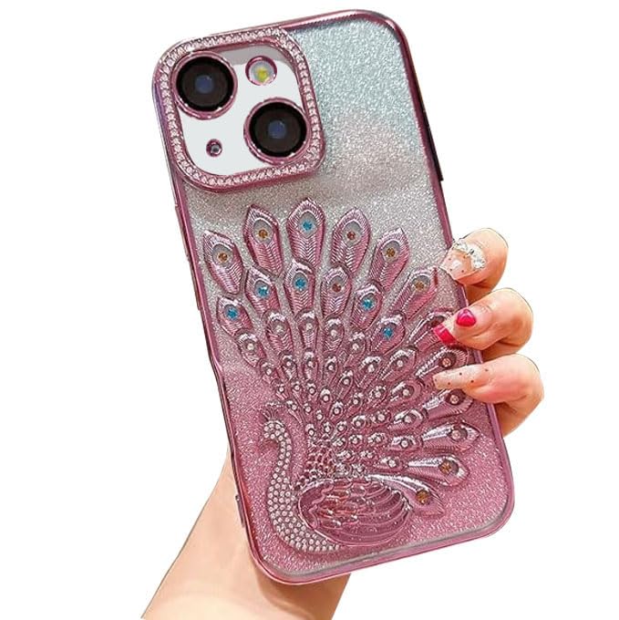 Image of mobistyle Case for iPhone 15 Plus,3D Diamond Luxury Electroplate Glitter Peacock Tail Bling Design Camera Protection Shockproof Phone Case for (Pink, iPhone 15 Plus)