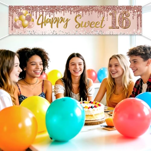 Image of Excelloon Sweet 16 Party Decorations for Girls, Pink Rose Gold Happy 16th Birthday Yard Banner Party Supplies, 16 Year Old Teenager Bday Background Sign for Outdoor Indoor