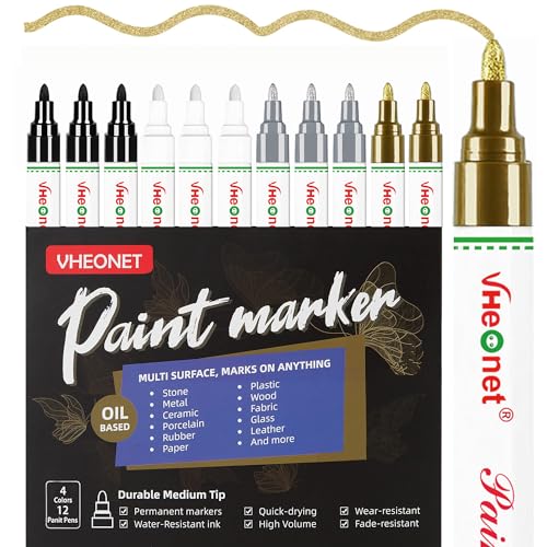 VHEONET Paint Markers,4 Colors Oil-Based Waterproof Quick Dry Permanent Paint Pens for Metal, Wood, Fabric, Plastic, Canvas, Glass, Rock, Tire, DIY Craft (Metallic Gold,Metallic Sliver,Black,White)