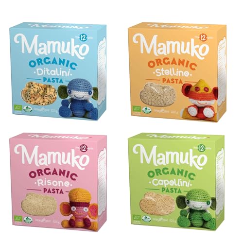 Mamuko Organic The Beginning Pasta 4-Pack Variety Mix (Ditalini Stelline Risone Capellini) Quick-Cook Pasta for Babies Young Children - Protein Pasta Ideal for 12+ Months Toddlers- 12 Servings