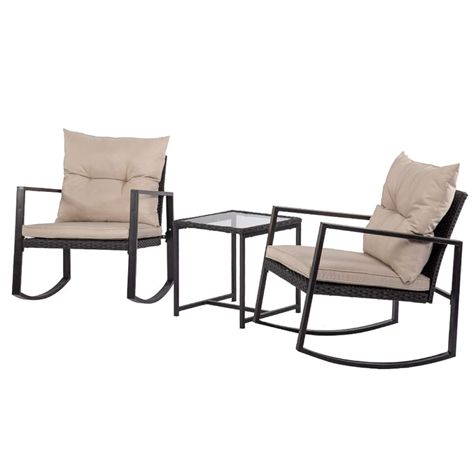 户外藤制摇椅三件套咖啡桌园艺家具黑色