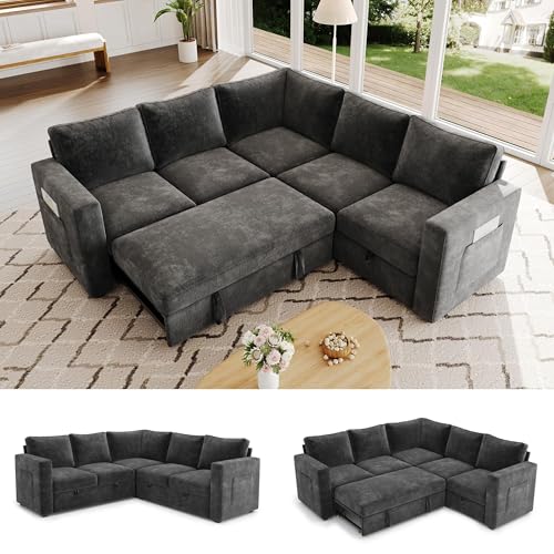 Image of 83.5 inch Chenille Sectional Sleeper Sofa Pull Out Couch with Storage Dark Gray | 5 Seat Comfy Couches for Living Room, Apartments, or Guest Spaces; Sectionals Modular Sofa Design, Comfortable Seating.