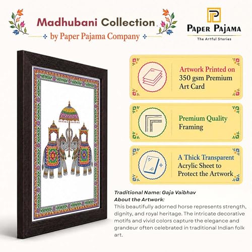 Image of PAPER PAJAMA Royal Elephant Vastu Wall Art for Living Room | Madhubani Elephant Pair Painting | Traditional Mithila Folk Art Framed Decor for Home, Office & Bedroom (10x13 Inches)