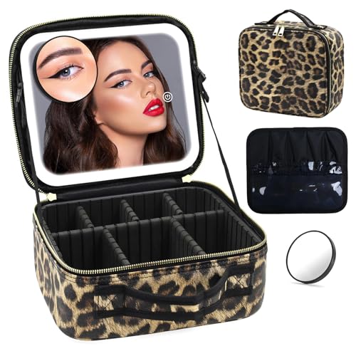 Travel Makeup Bag with LED Mirror Portable Cosmetic Bag Make up Organizer Bag Light Up Cosmetic Travel Case with 3 Color Settings Makeup Vanity Case with 10X Magnifying Mirror for Women
