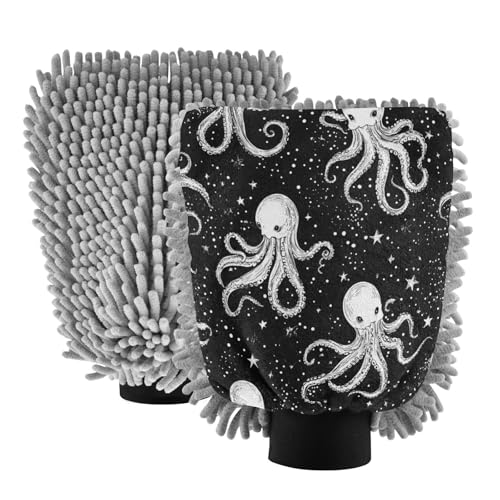STAYTOP Octopus Floats in Space Car Wash Mitt Microfiber, 2Pcs Scratch Free Lint-Free, Premium Chenille Microfiber Mitt Car Wash Brush-M