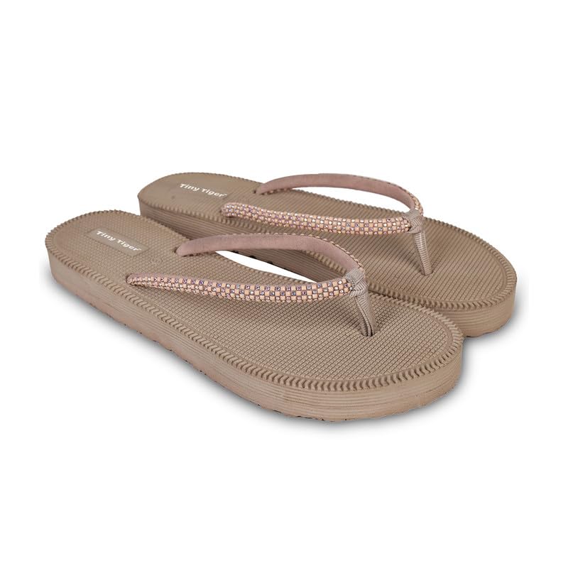 Women Beige Embellished Flip Flops Stylish Flat Slippers with Rhinestone Strap Comfortable for Wear & Casual Footwear Size 8-image-24