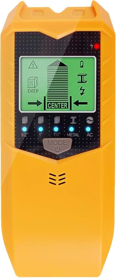 Scanner de parede com localizador de pinos, sensor eletrônico 5 em 1, detector de metal, detector de parede, detector de madeira com visor LCD e alarme de áudio para detecção de fio CA (amarelo)