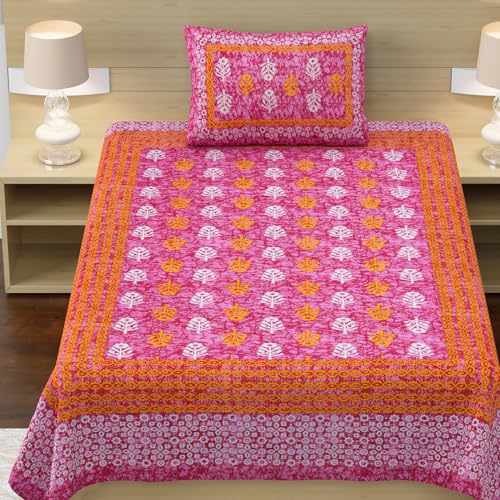 Image of RajasthaniKart Pure 100% Cotton Single Bed Sheet with 1 Pillow Cover (Bedsheet for Single Bed Cotton, Pink Small Booty)