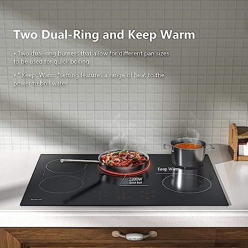30 Inch Electric Cooktop 5 Burners, ETL & FCC Certificated, Sync Burner, Quick Boil, Keep Warm, 9 Heating Level, Timer, Child Lock & Auto Shutdown, Drop-in Electric Stove Top,Gloss Black