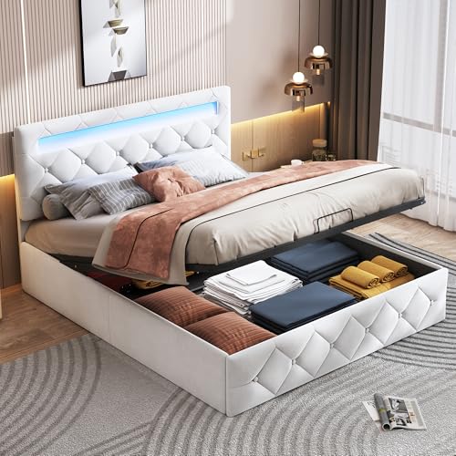 PerGar Cama tapizada de 140 x 200 cm, cama moderna con iluminación LED, cama de almacenamiento hidráulico, dormitorio doble con somier, terciopelo albaricoque juvenil para dormitorio moderno (140 x