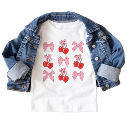 Girls Coquette Pink Ribbon Bows And Cherries Toddler Shirt - Funny Cherry Soft Girl Kids T-Shirt - Cute Natural Toddler Youth Graphic Tee