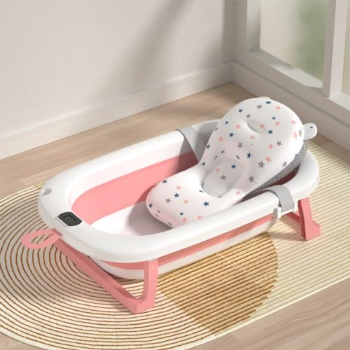 BUMTUM Baby Bathtub & Anti Slip with Temperature Sensor, Bath Chair | Bathtub with Folding Bathing Support |Baby Bath Seat/Sling with Non Slip Suction Base for Babies (Pink)