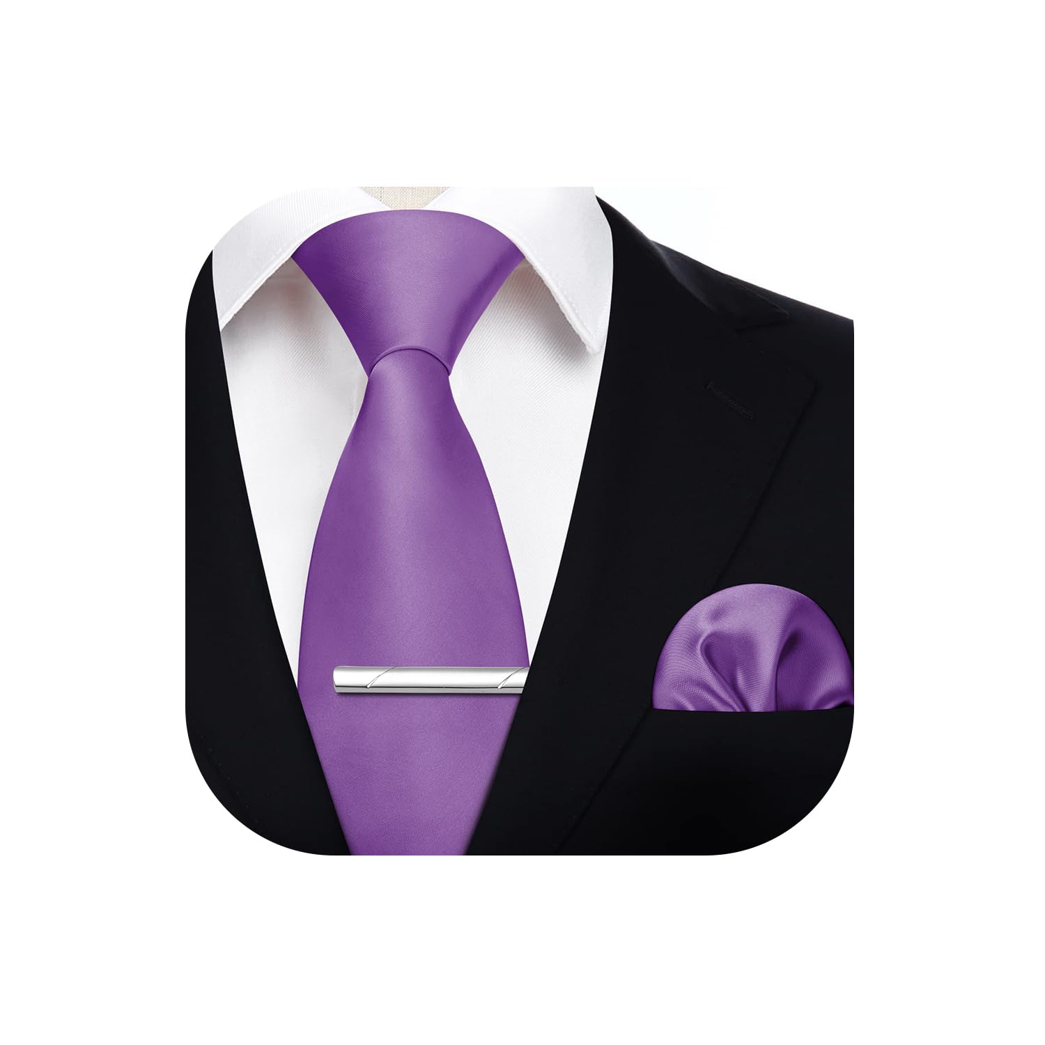 HISDERN Corbata y Pañuelo Hombre Corbata de Color Sólido y Bolsillo Cuadrado con Juego de Corbata Clip para Boda Fiesta Business Oficina Regalo de Hombre