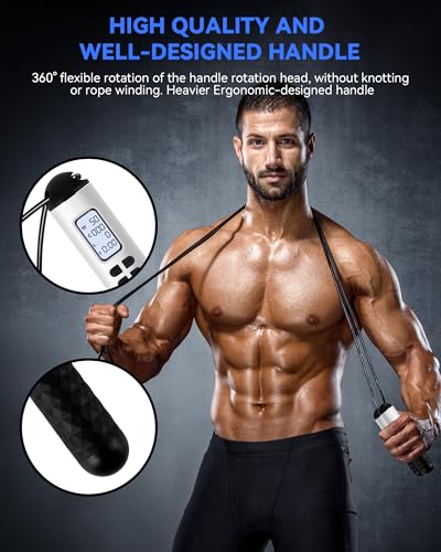 iMoebel Springseil mit Zähler, Verstellbar Speed Rope Seilspringen Stahlseil Anti-Rutsch Griffe Kalorienzähler Timer für Fitness Boxen Abnehmen Crossfit, Schwarz-weiß