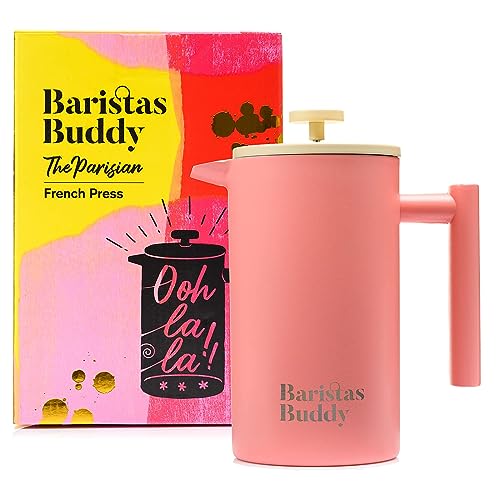 Comparison: Best Stovetop French Press 8 BaristasBuddy Cute Pink French Press Coffee Maker - Colorful, Retro And Stylish Insulated Coffee Brewer - Large Size Brews 4 Cups