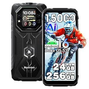 Blackview Rock 1 Android 16 Outdoor Handy ohne Vertrag, 24GB+256GB Outdoor Smartphone Gemini AI, 15000mAh, 20MP+16MP, 6.56" HD+ Dual Pantalla, IP68 Wasserdicht Baustellenhandy, 4G,NFC,GPS,Schwarz