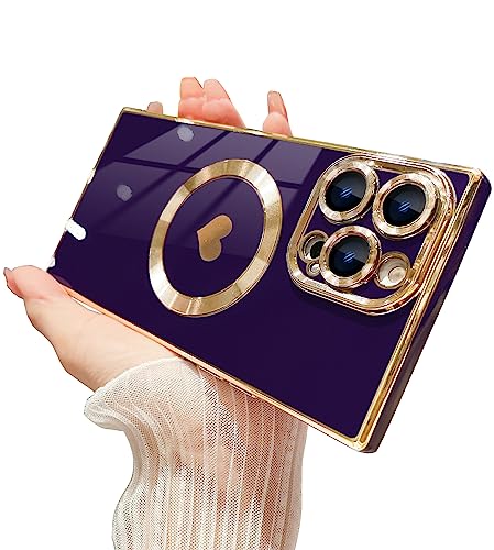 Coque iPhone 14 Pro Max carrée Magsafe violet foncé en caoutchouc souple haute protection optique