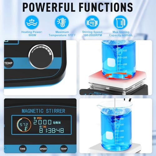 Digital Hot Plate Stirrer with Magnetic Stirring, Temperature Sensor, 572℉, 3 Stir Bars, 6L Capacity, 100-2000 RPM, LCD Display, and Support Stand - Thumbnail 4