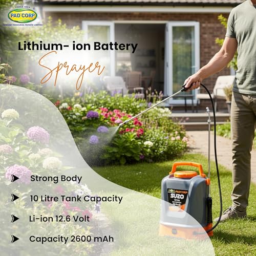 Image of Pad Corp Lithium Suzo 10 Liter Battery Sprayer Tank Capacity, Very Light Weight, Rechargeable Lithium Battery Suitable Small Office or Home or Bungalow Or Garden (Grey & Orange)