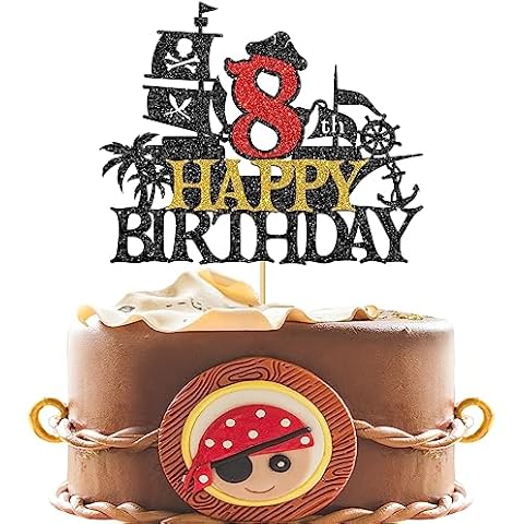 Maicaiffe Pirate Happy 8th Birthday Cake Topper, Nautical Sailing Pirate Ship 8th Birthday, Pirate Themed Kids Birthday Party Decorations Black Glitter (8th) Cover
