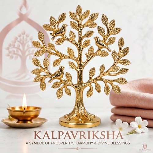 Image of TEMPLE'S TOUCH 100% Pure Brass Kalpavriksha Tree with Birds | House Warming Gifts | Brass Decoration Items for Home | (6 Inch) Tree of Life Showpiece with Vastu Guide for Home, Office & Puja Decor