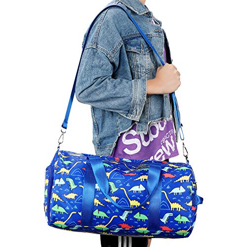 CAMTOP Kids Overnight Duffel Bag for Boys and Girls Carry-On Size Tote for Travel Gym Sport (Dinosaur-Dark Blue)