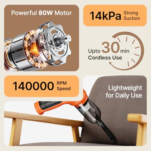Image of pTron NeoVac X1 14kPA Powerful Suction 80W Cordless Handheld Car /Home Vacuum Cleaner with Blower, HEPA Filter, High Torque DC Motor, Compact & Lightweight, Rechargeable, Multiple Attachments (Orange)