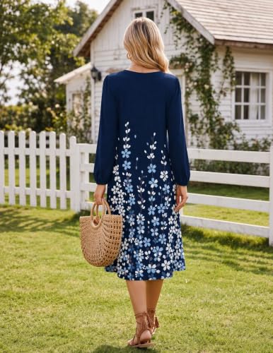 Image of Zeagoo Fall Dresses for Women Long Sleeve Midi Dress Casual A Line Dresses 2026 Pleated Flare Dress with Pockets