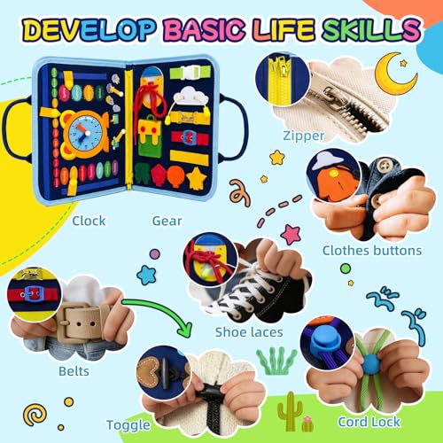 Image of Montessori Busy Board for Toddlers, 8 Pages 30+ Activities Sensory Toy, Toddler Learning Toys with ABC Numbers Shapes, Travel Toy, Preschool Educational Gift for Boys Girls, Blue Dinosaur