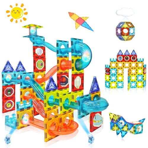 Dilhvy Magnetische Bausteine mit Kugelbahn Bunt, Magna Tiles - Konstruktionsspielzeug | Besten Montessori Spielzeug Geschenke f&uuml;r Kinder ab 5 6 7 8 9 10+Jahre | Jungen & M&auml;dchen