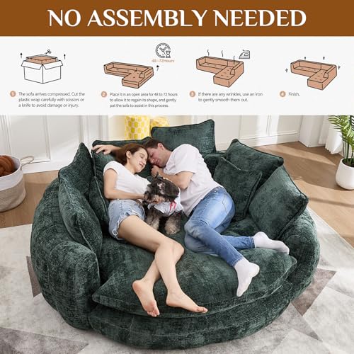 Image of 81 inch Round Sofa Bed Big Bean Bag Round Chaise Lounge Oversized Round Couch Boneless Reading Chair Plush Fluffy Chenille Large Chaise Chair for Living Room, Bedroom, Apartment, Olive Green
