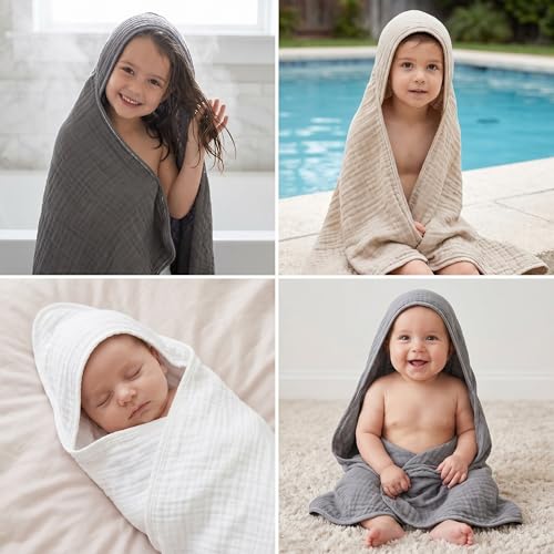 Image of Peryiter 4 Pcs Muslin Hooded Baby Towels, 32 inchx 32 inch Cotton Newborn Bath Towel Muslin Infant Baby Blankets Absorbent Unisex Newborn Registry Gift Essentials for Girls Boys (Gray Series)