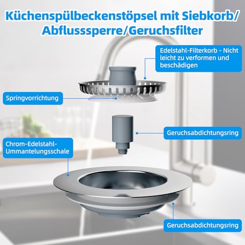 Hibbent Küchenspüle Stopfen,Küche Spüle Sieb und Stopfen Combo, Edelstahl-Shell und Edelstahl-Sieb,Anti-Clogging,Küche Spüle Sieb Stecker,und verhindern Gerüche-Spülen Tiefe > 22mm